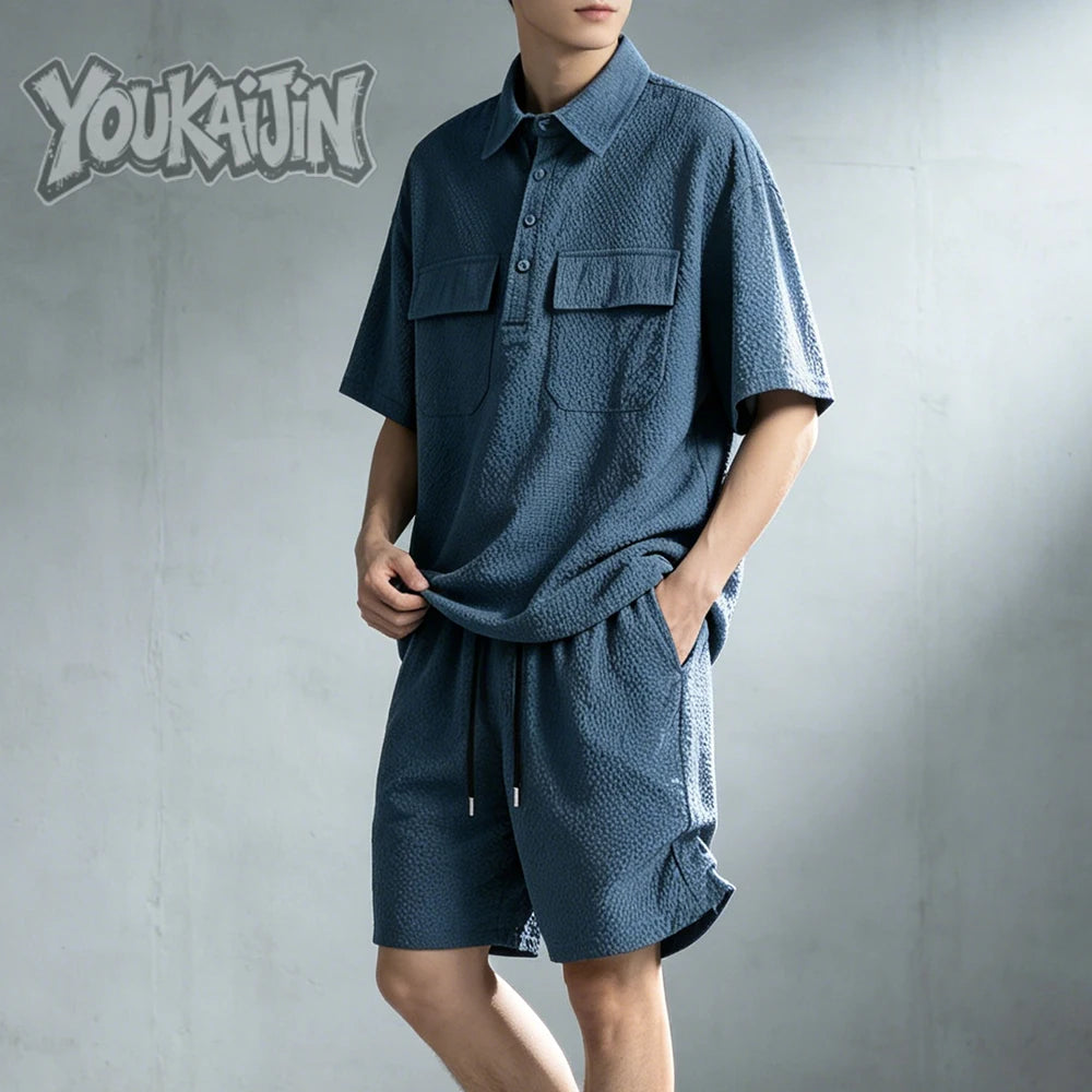 Men's Korean Polo & Shorts Crinkle Set
