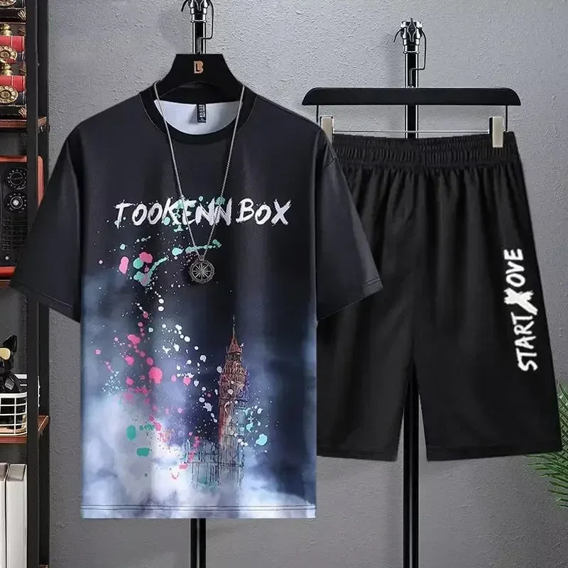 DOUSE Men's 3D Print Athletic Set – Quick-Dry Short Sleeve Tee & Shorts