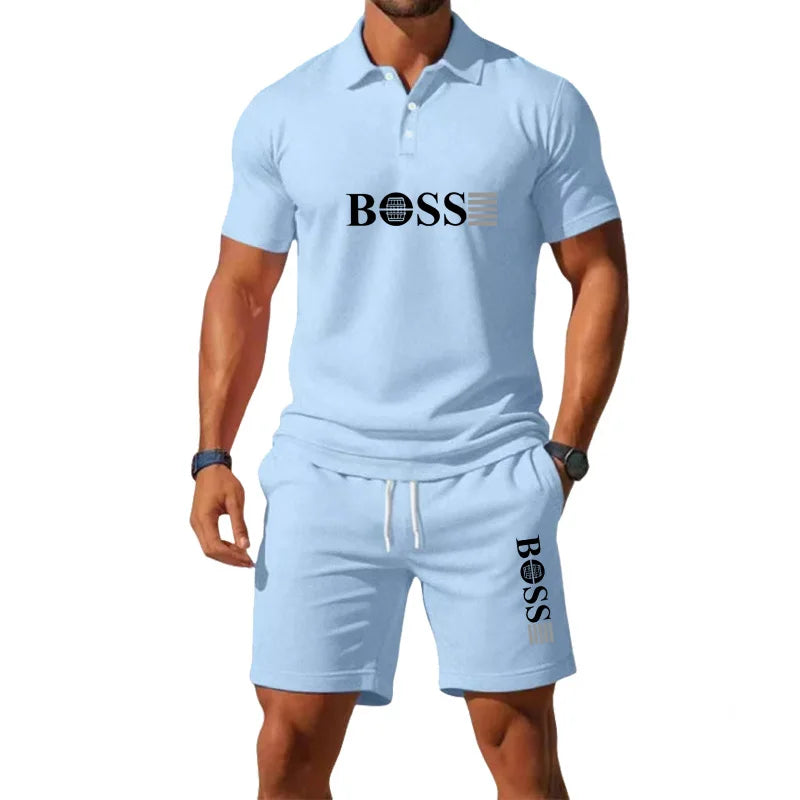 Men's Retro Polo Collar T-Shirt & Shorts Set