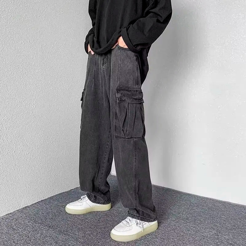 Men's Hip-Hop Vintage Washed Wide-Leg Cargo Jeans