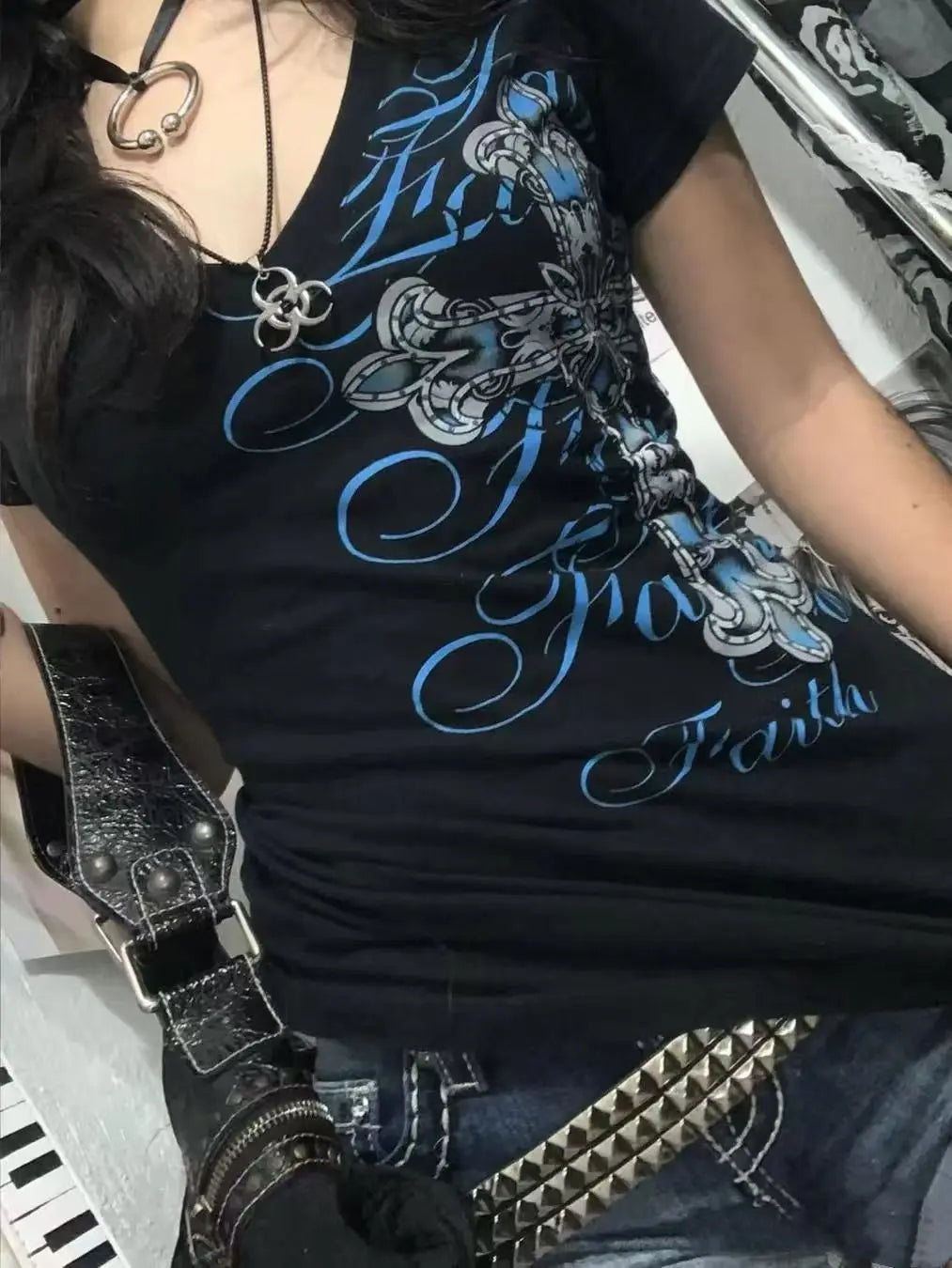 Women's Gothic Cross Letter V-Neck T-Shirt