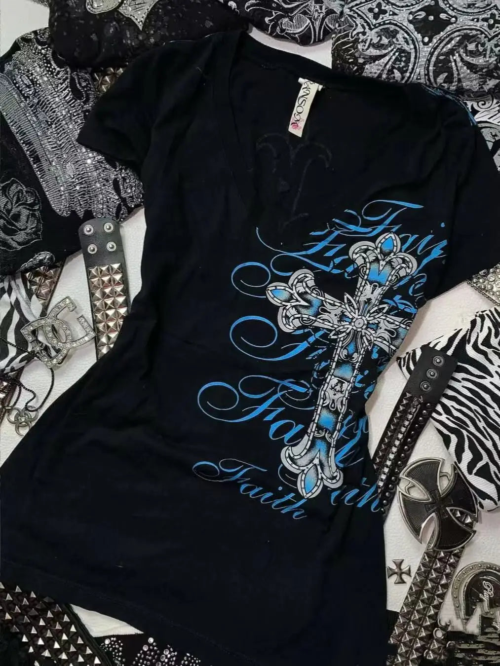 Women's Gothic Cross Letter V-Neck T-Shirt