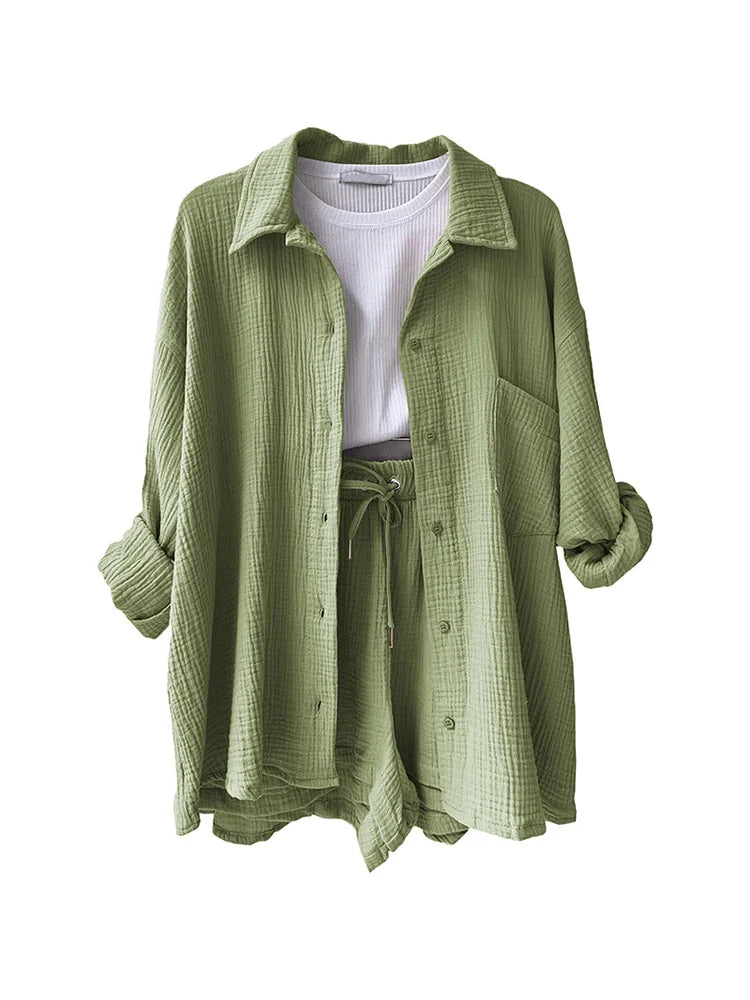 Women's Muslin Button Short Suit Set
