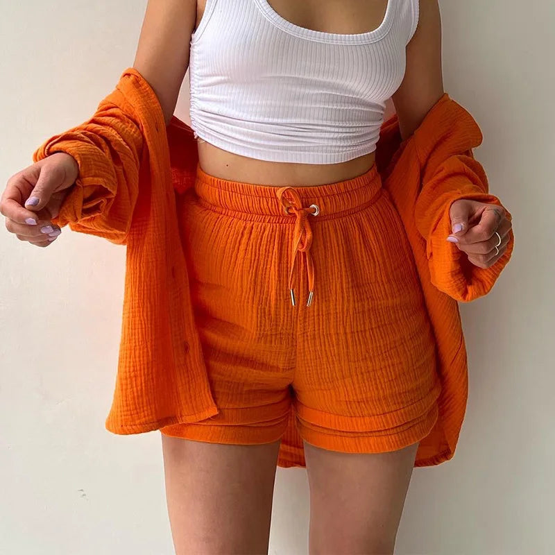 Women's Muslin Button Short Suit Set