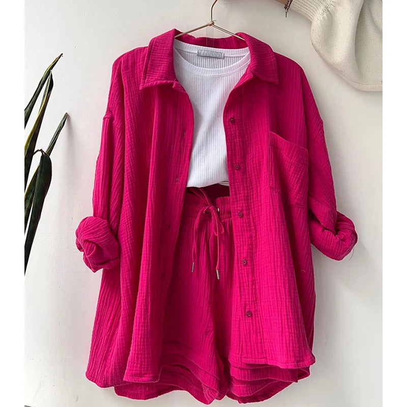 Women's Muslin Button Short Suit Set