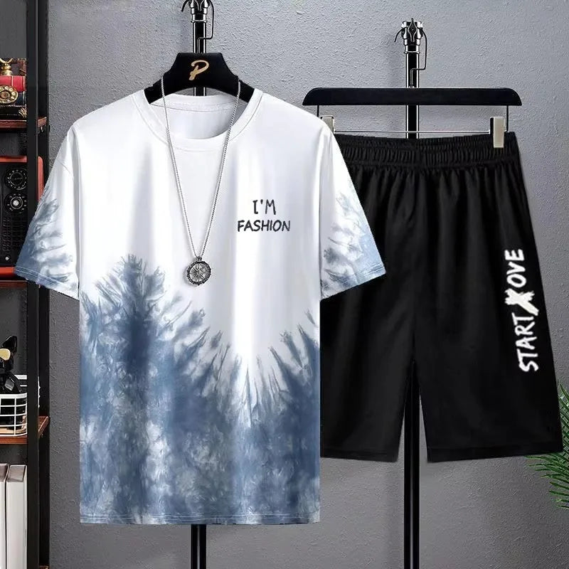 DOUSE Men's 3D Print Athletic Set – Quick-Dry Short Sleeve Tee & Shorts