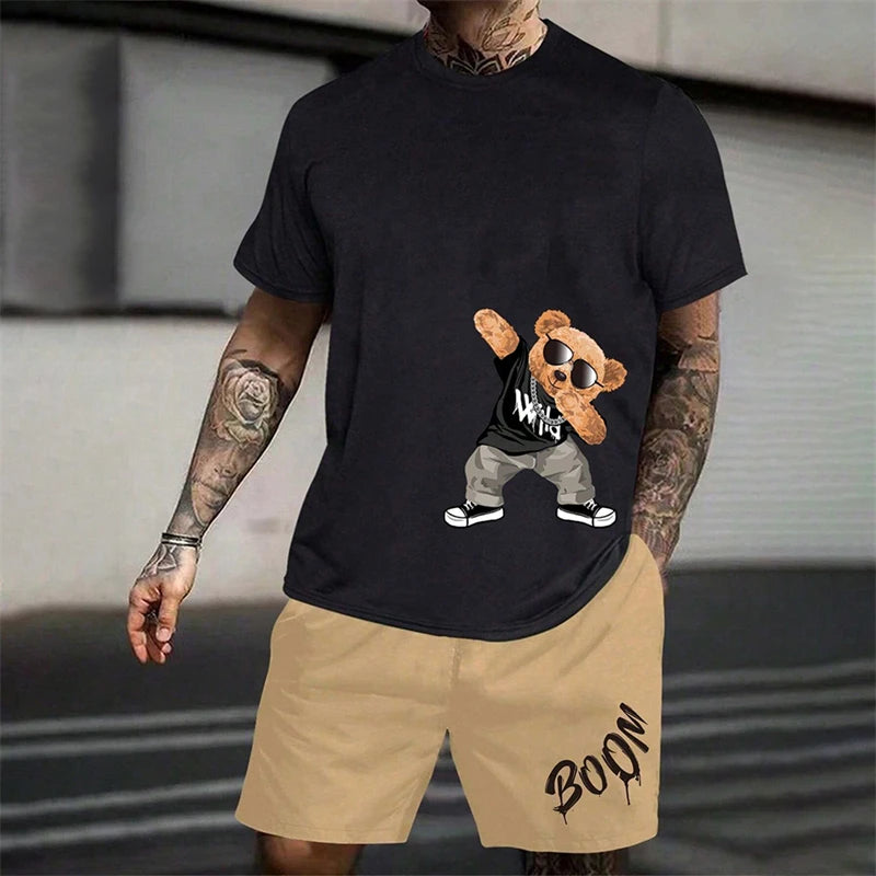 Men's Harajuku Bear Graphic T-Shirt & Shorts Set