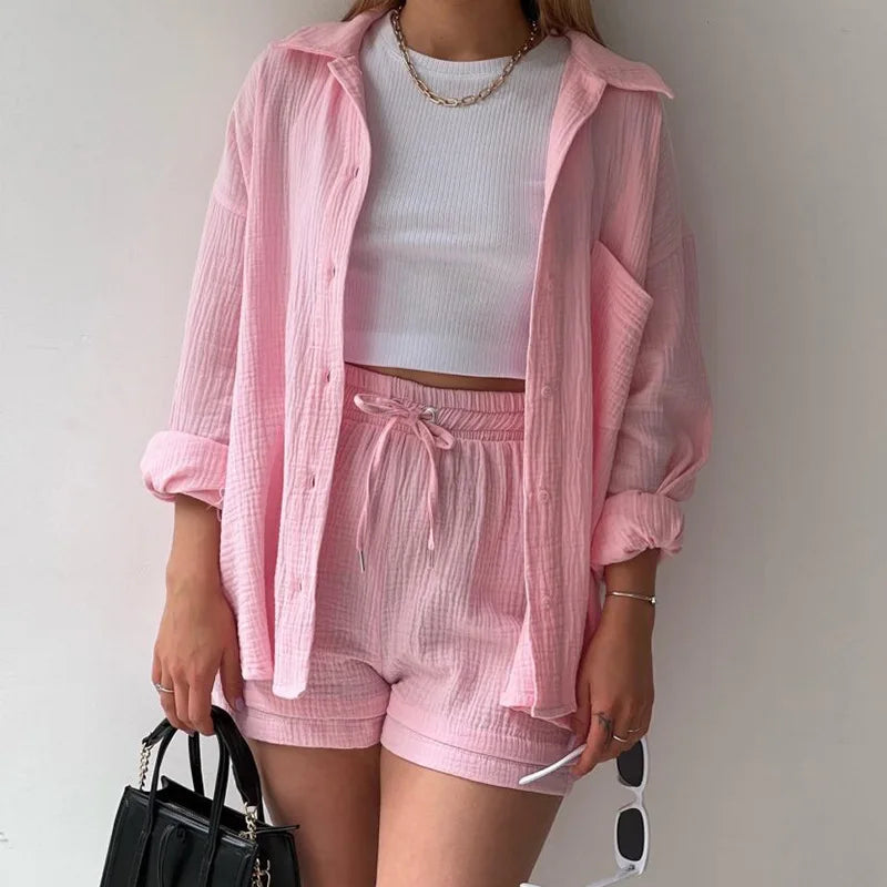 Women's Muslin Button Short Suit Set