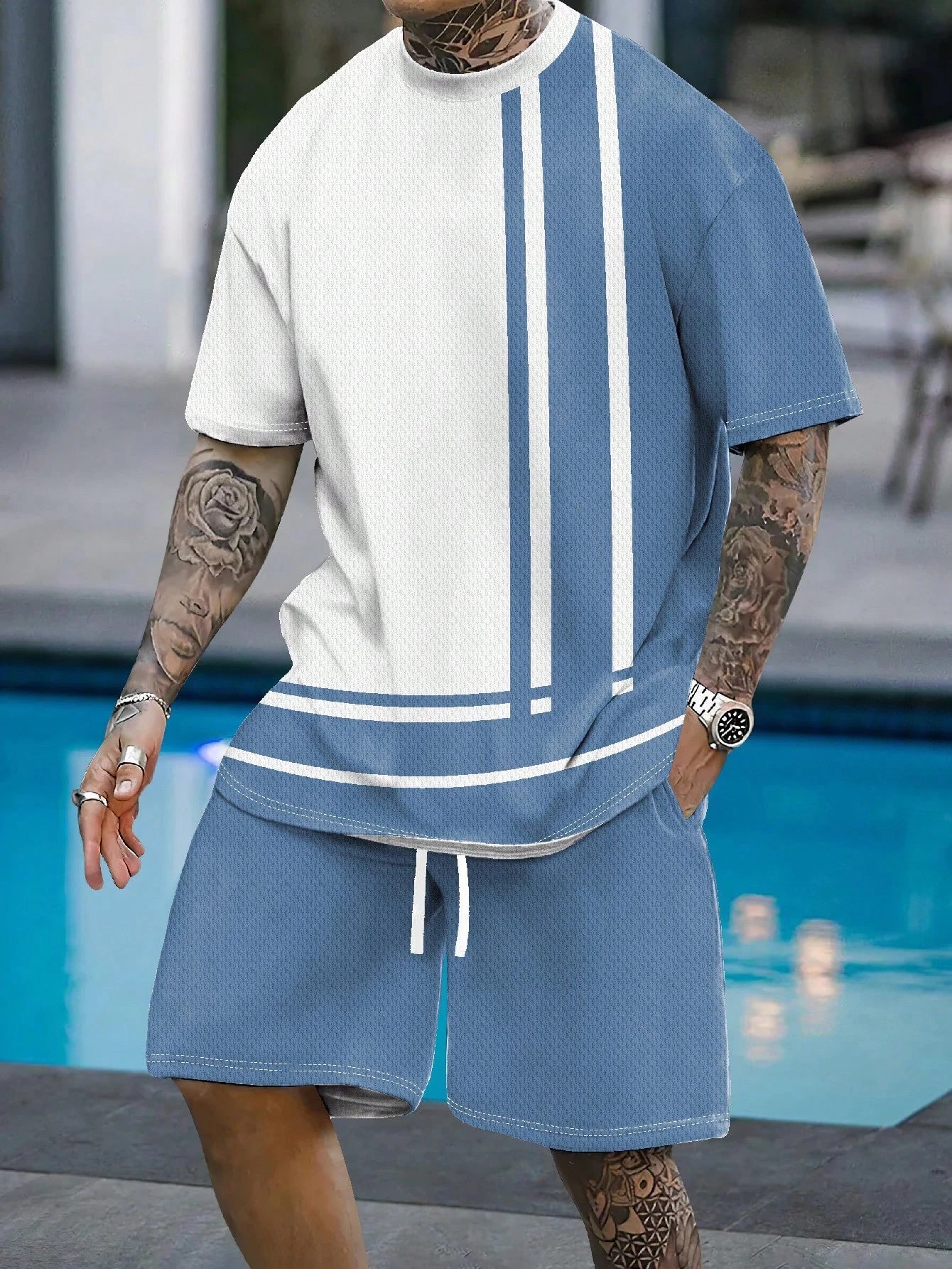 Men's Stripe Print T-Shirt & Shorts Set