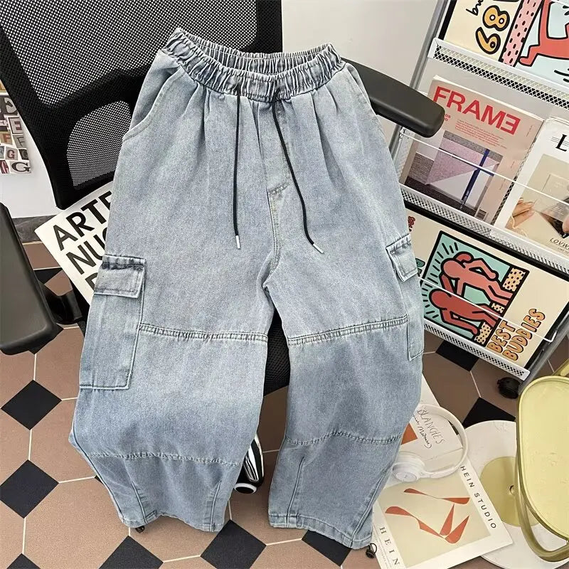 Men's Hip-Hop Vintage Washed Wide-Leg Cargo Jeans