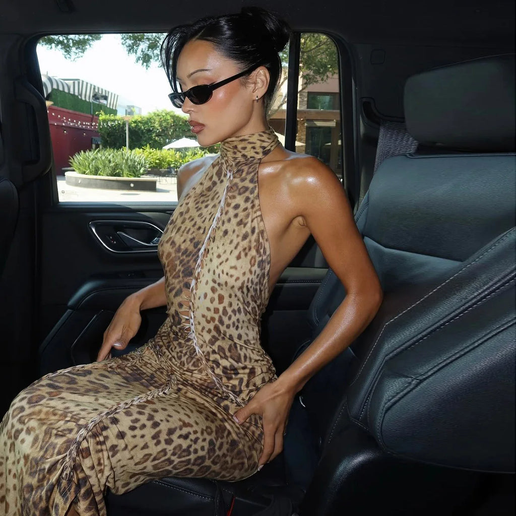 Women's Halter Leopard Bandage Maxi Dress