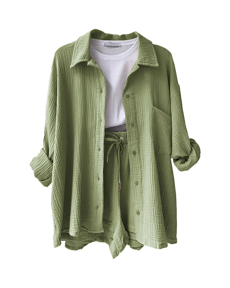 Women's Muslin Button Short Suit Set