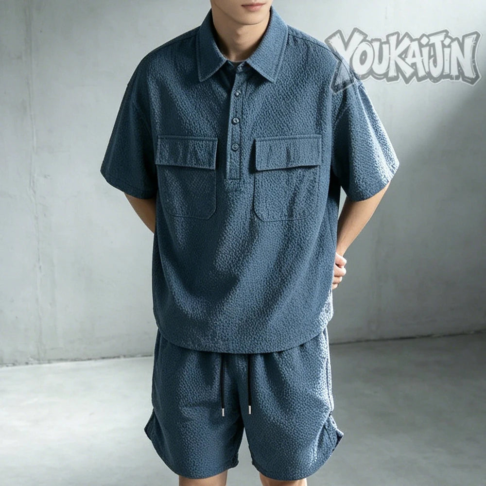 Men's Korean Polo & Shorts Crinkle Set