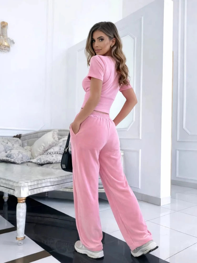 Women's Knitted T-Shirt & Long Pants Set