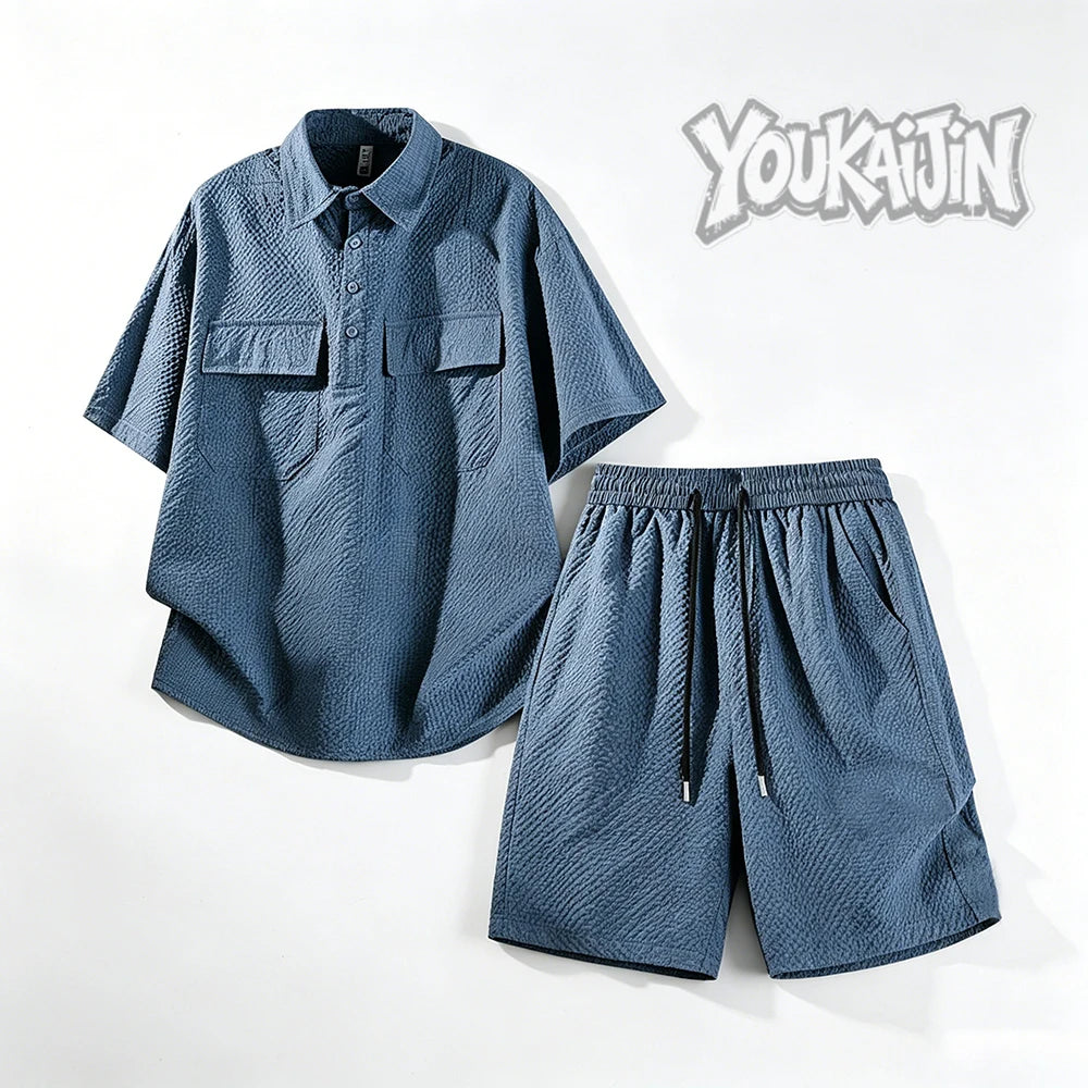 Men's Korean Polo & Shorts Crinkle Set