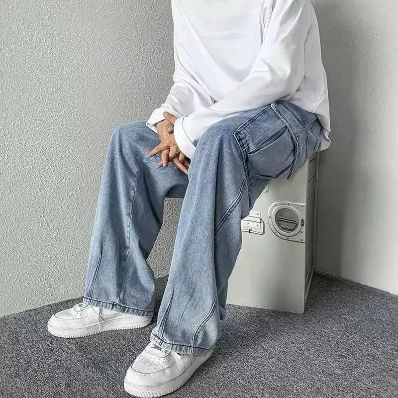 Men's Hip-Hop Vintage Washed Wide-Leg Cargo Jeans
