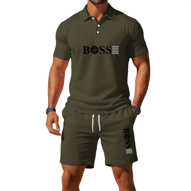 Men's Retro Polo Collar T-Shirt & Shorts Set