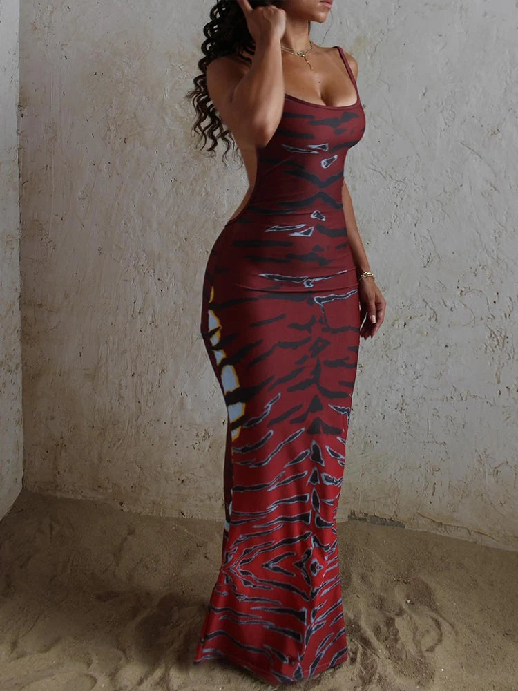 Women's Tiger Stripe Backless Bodycon Maxi Dress