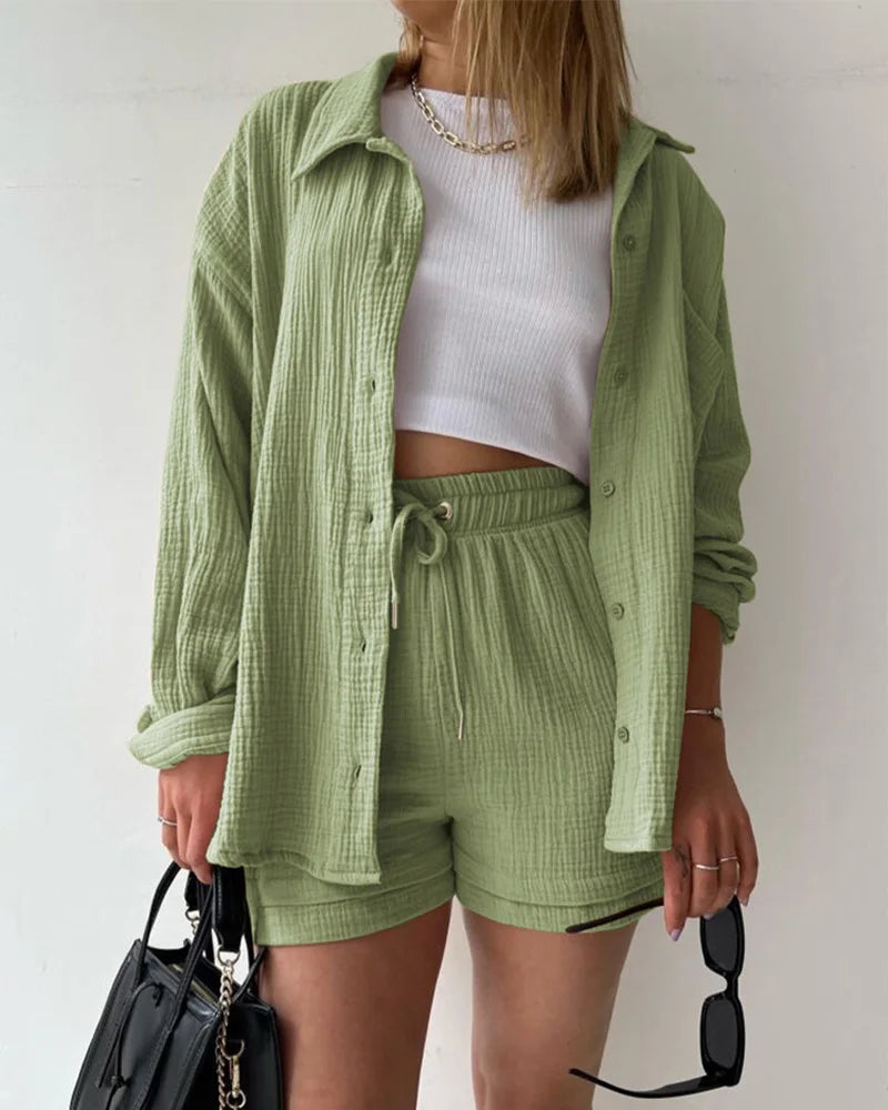 Women's Muslin Button Short Suit Set