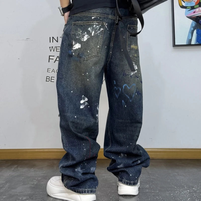 Men's Korean Graffiti Washed Ripped Baggy Jeans