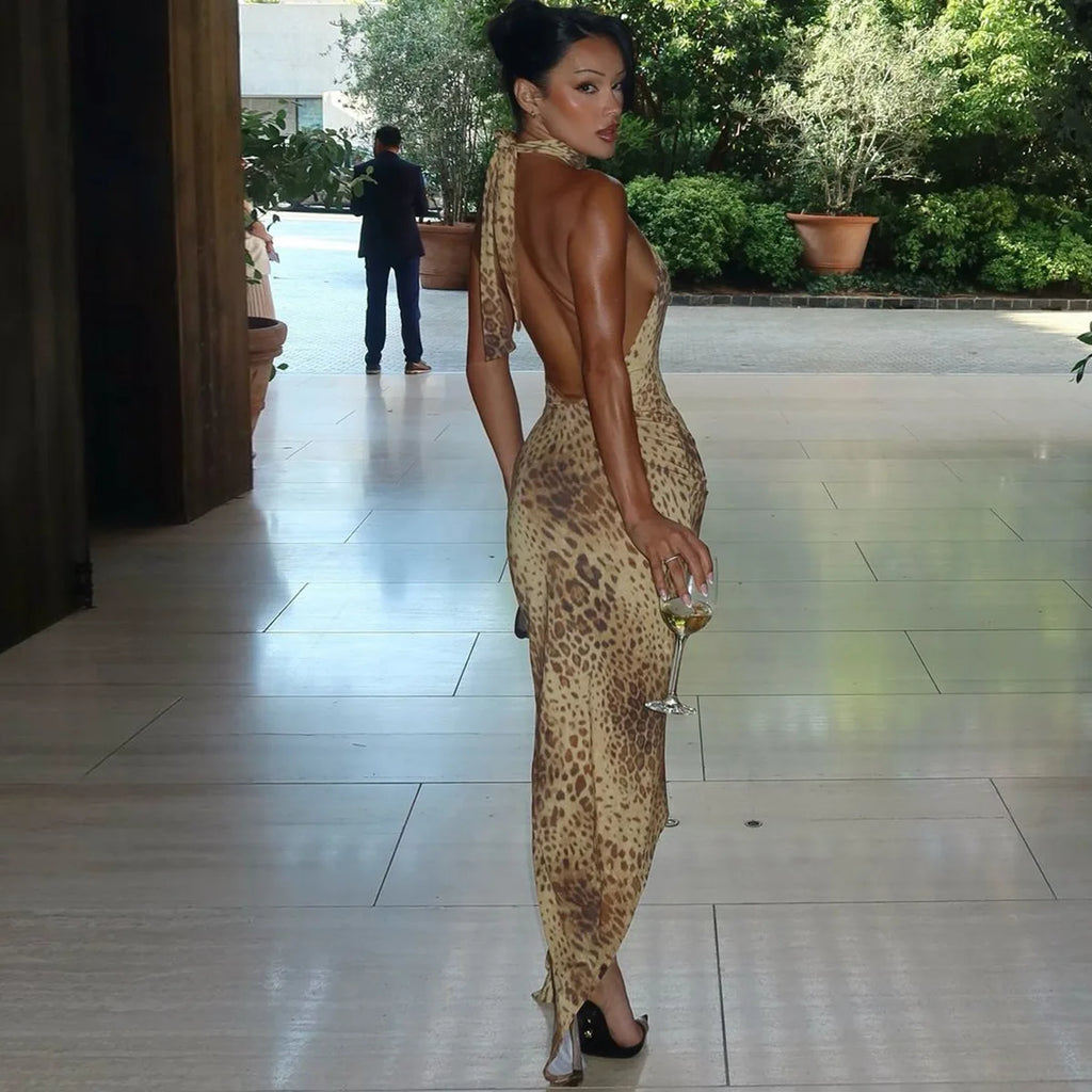 Women's Halter Leopard Bandage Maxi Dress