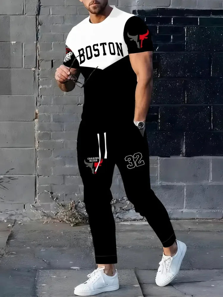 Men's 3D Letter Print Long-Sleeve & Pants Set