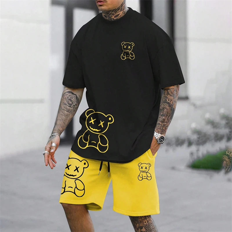 Men's Harajuku Bear Graphic T-Shirt & Shorts Set