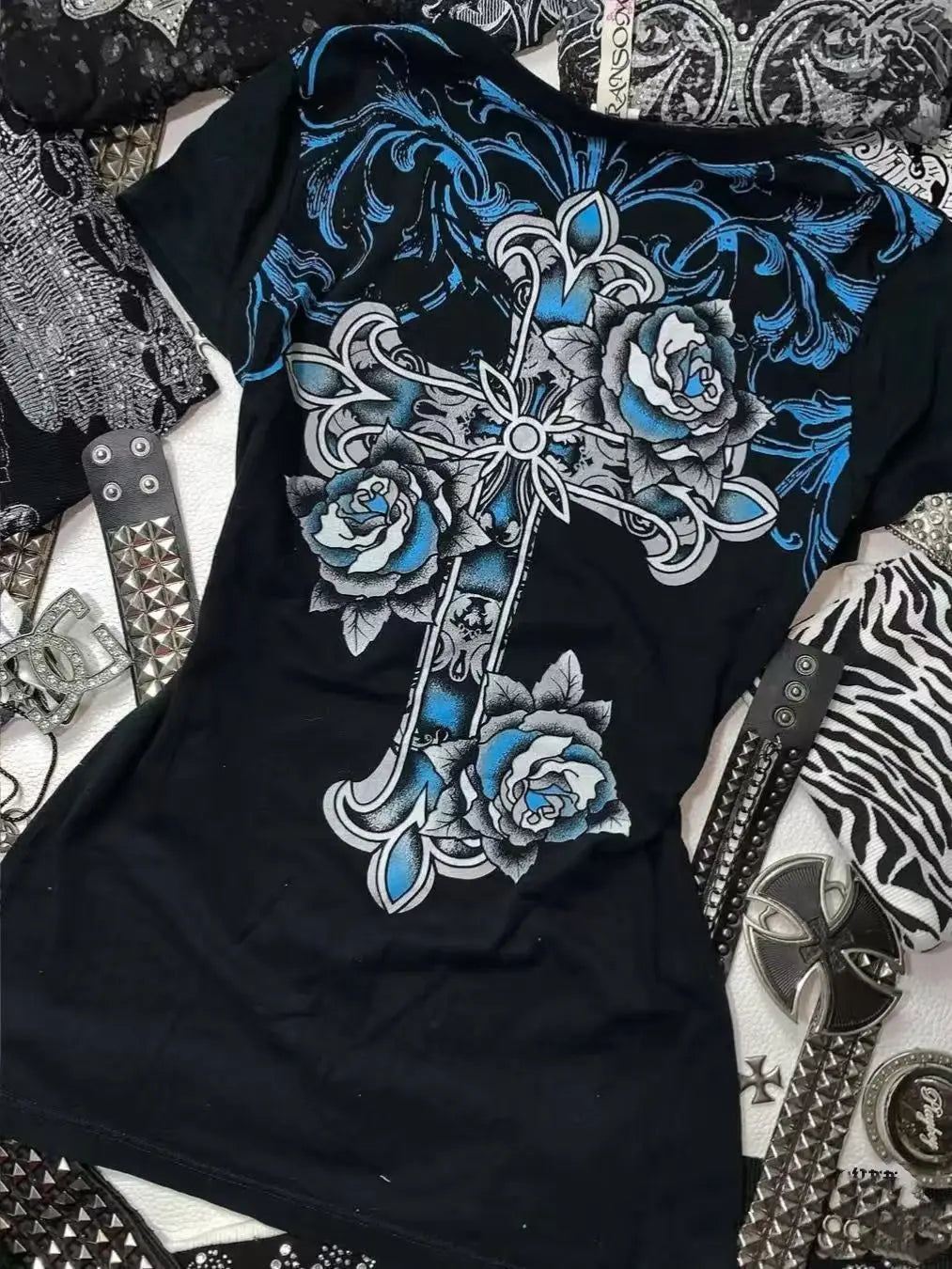 Women's Gothic Cross Letter V-Neck T-Shirt