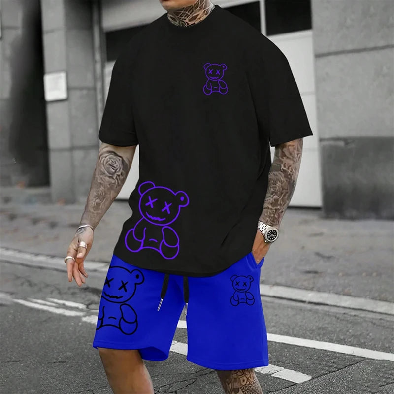 Men's Harajuku Bear Graphic T-Shirt & Shorts Set