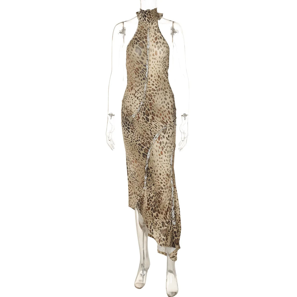 Women's Halter Leopard Bandage Maxi Dress