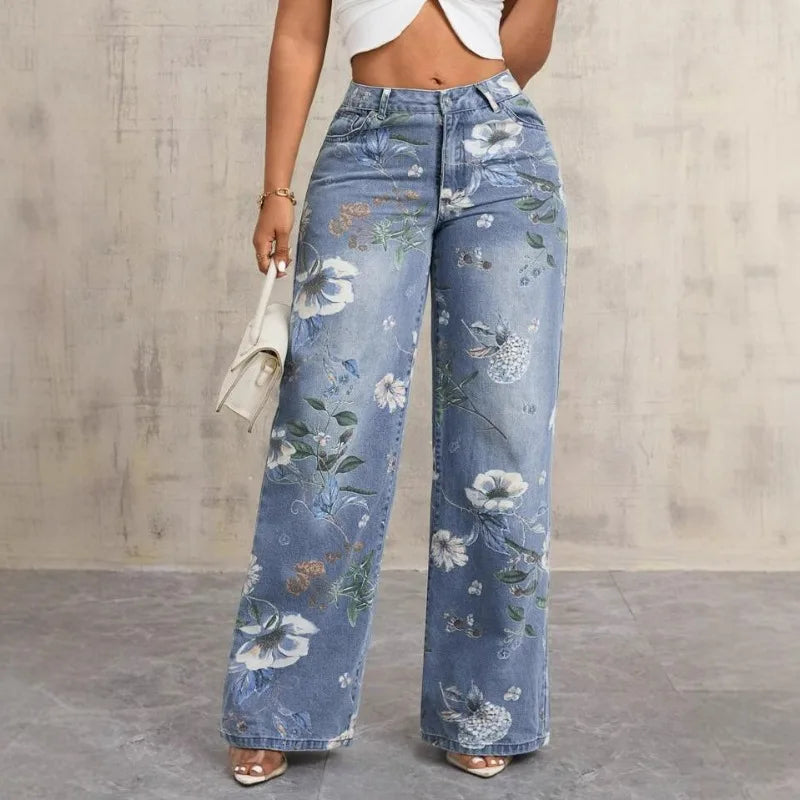 Women's Gothic Print High-Waist Baggy Jeans