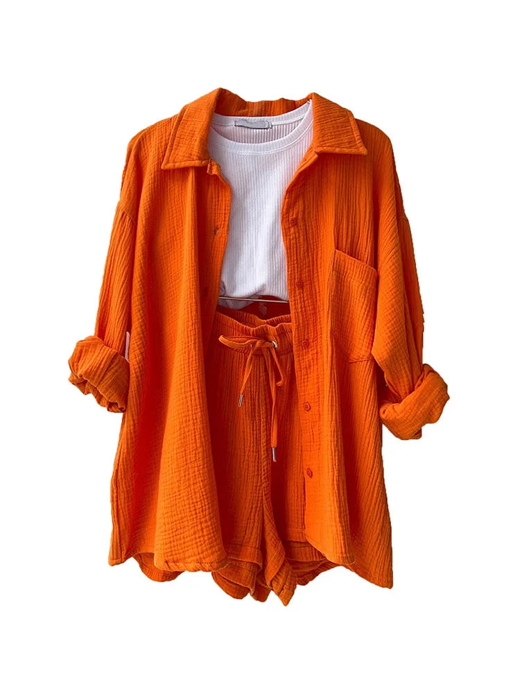 Women's Muslin Button Short Suit Set