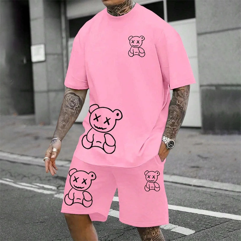 Men's Harajuku Bear Graphic T-Shirt & Shorts Set