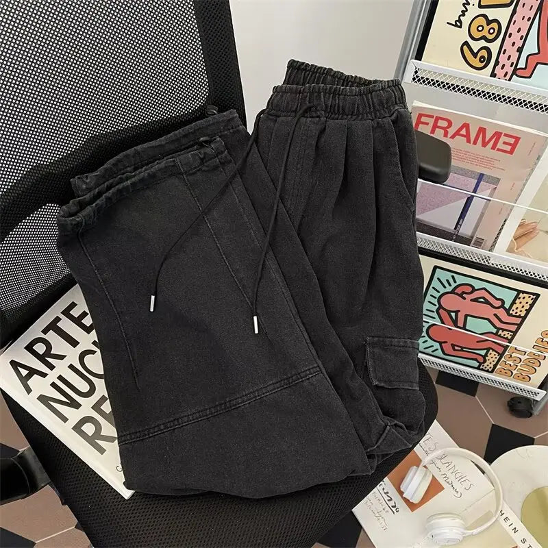 Men's Hip-Hop Vintage Washed Wide-Leg Cargo Jeans