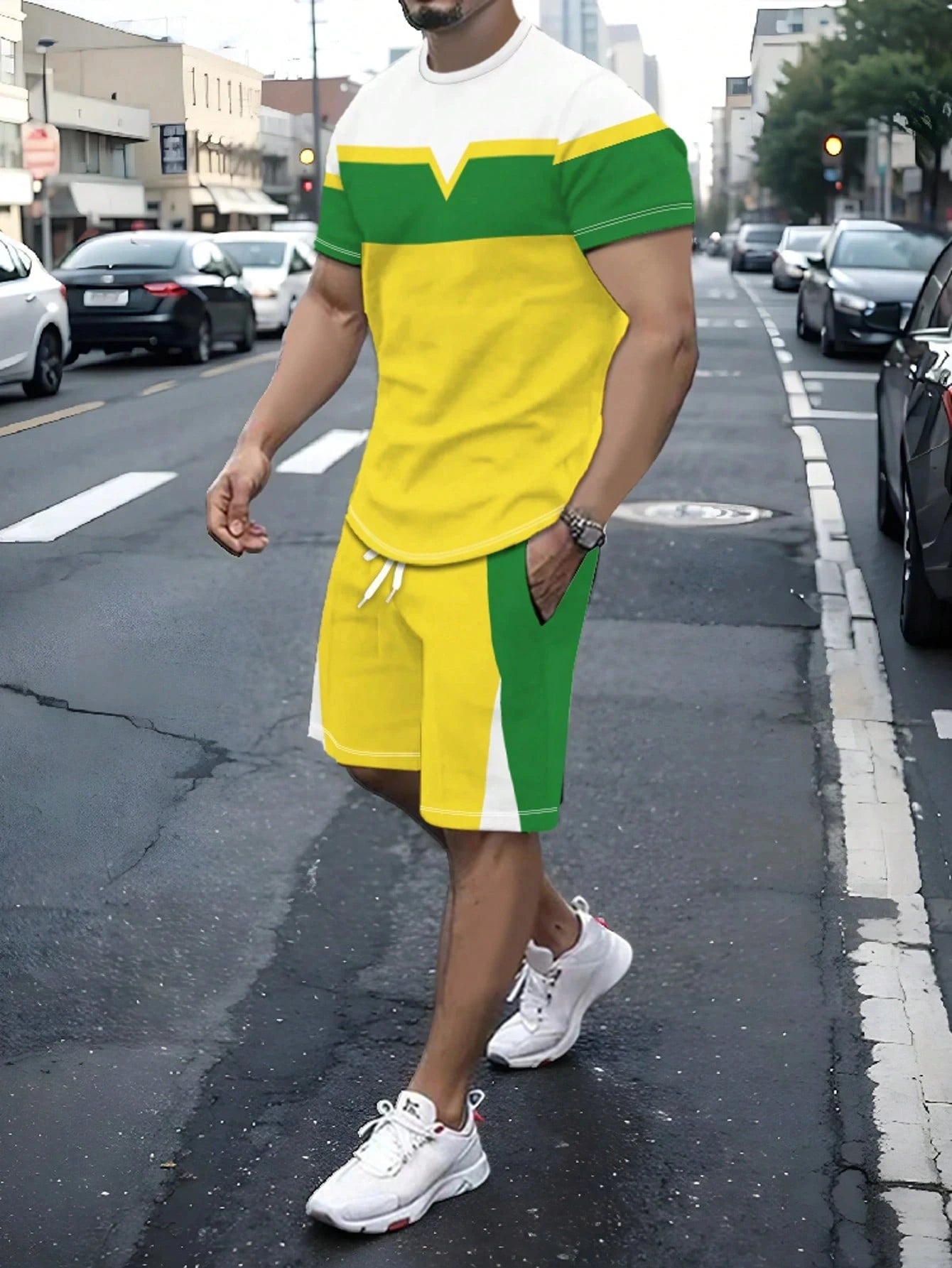 Men's Stripe Print T-Shirt & Shorts Set