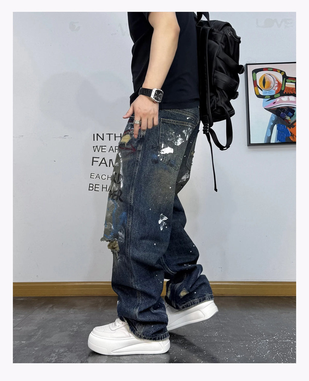 Men's Korean Graffiti Washed Ripped Baggy Jeans