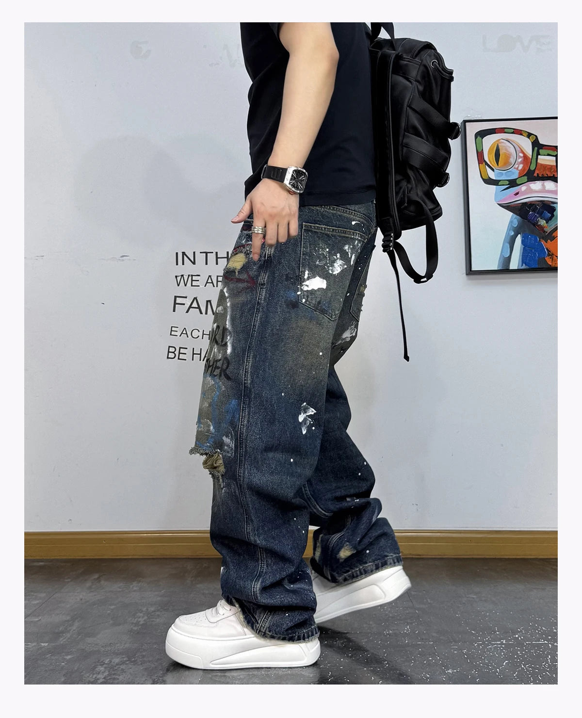 Men's Korean Graffiti Washed Ripped Baggy Jeans