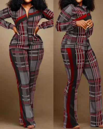 Women's Geometric Print Zip-Up Top & Pants Set