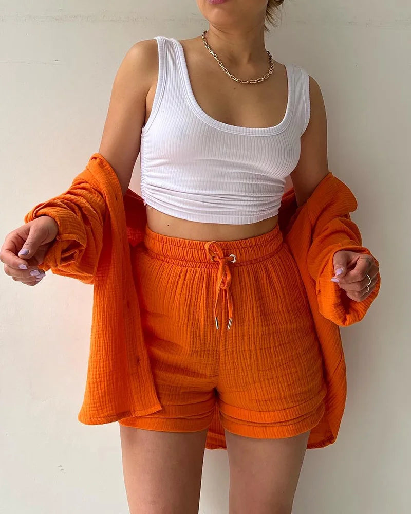 Women's Muslin Button Short Suit Set
