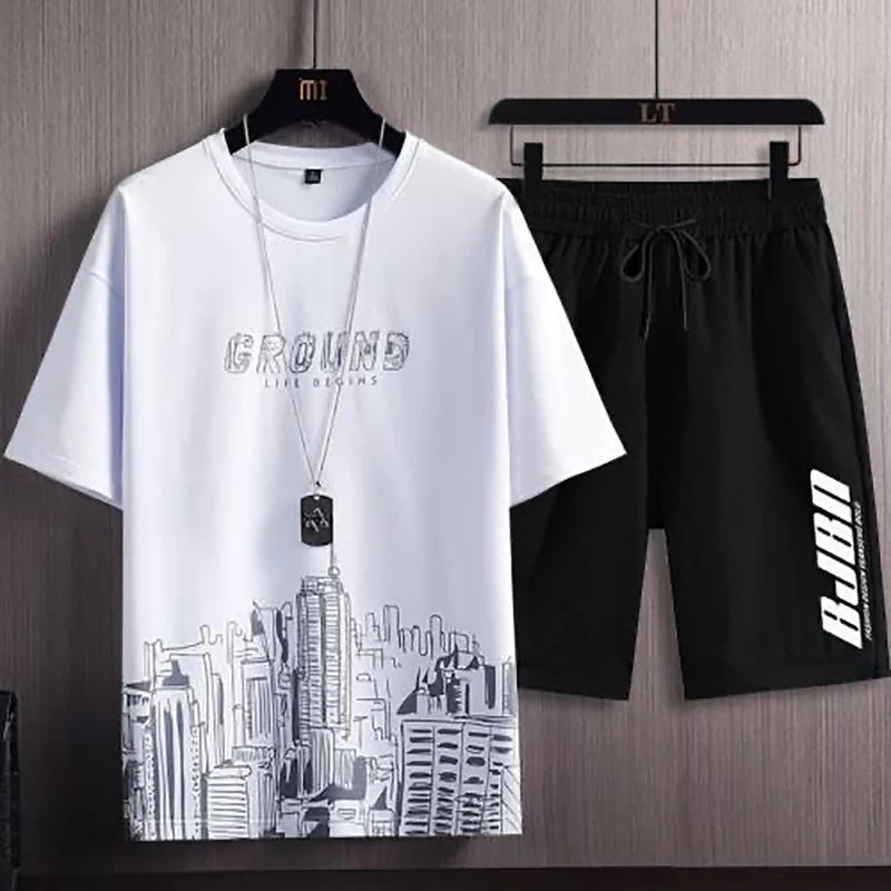 Men's Ice Silk Print Sports Tracksuit Set