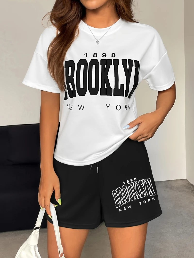 Women's Cartoon Print T-Shirt & Shorts Set