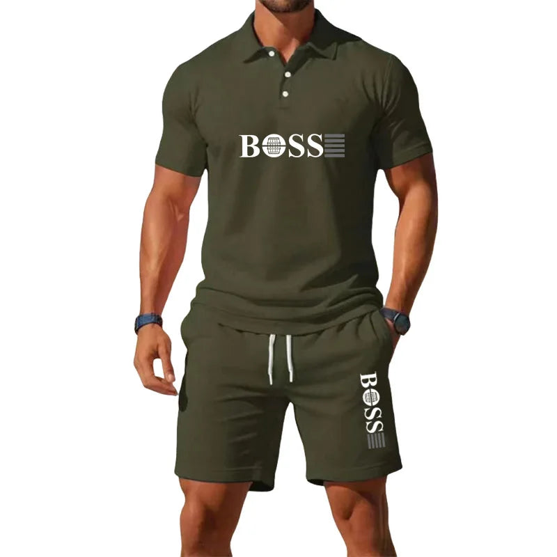 Men's Retro Polo Collar T-Shirt & Shorts Set