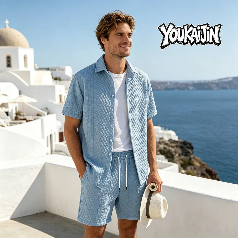 Men's Jacquard Lapel Shirt & Shorts Set