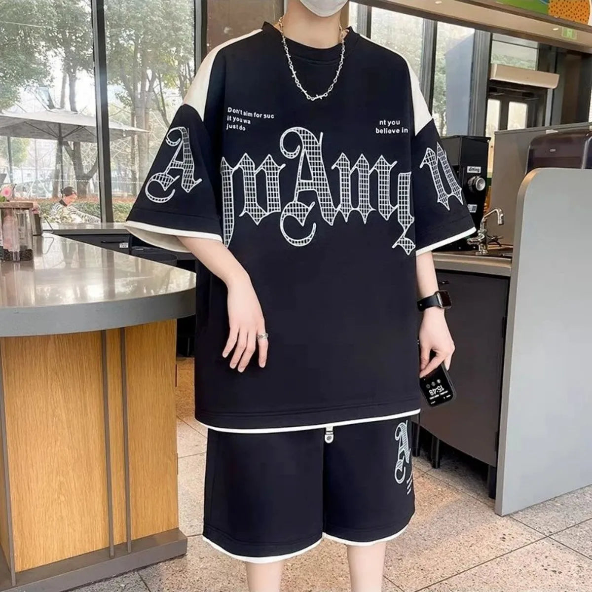 Men's Letter Print T-Shirt & Shorts Sports Set