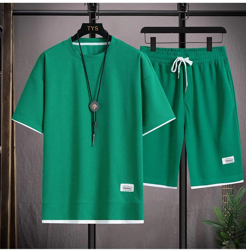Men's Waffle T-Shirt & Shorts Tracksuit Set