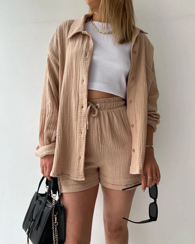 Women's Muslin Button Short Suit Set