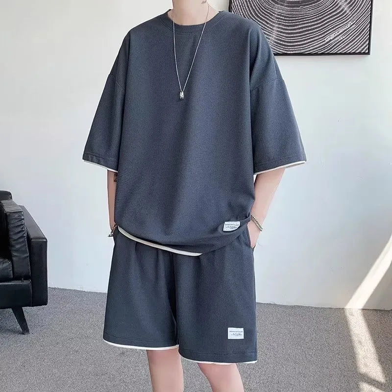 Men's Waffle T-Shirt & Shorts Set (Up to 5XL)