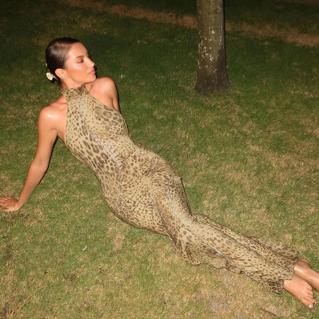 Women's Halter Leopard Bandage Maxi Dress