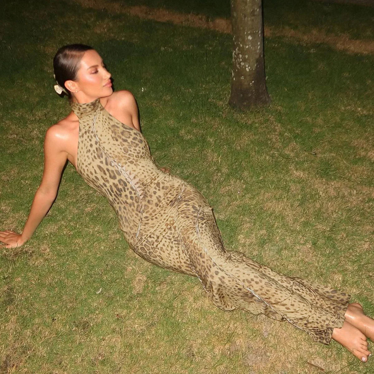 Women's Halter Leopard Bandage Maxi Dress