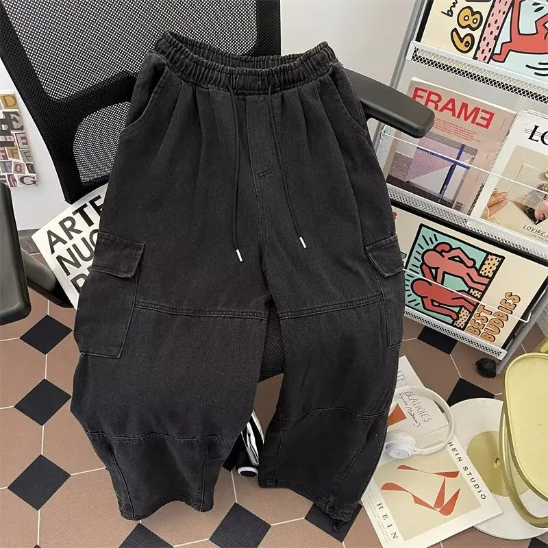 Men's Hip-Hop Vintage Washed Wide-Leg Cargo Jeans